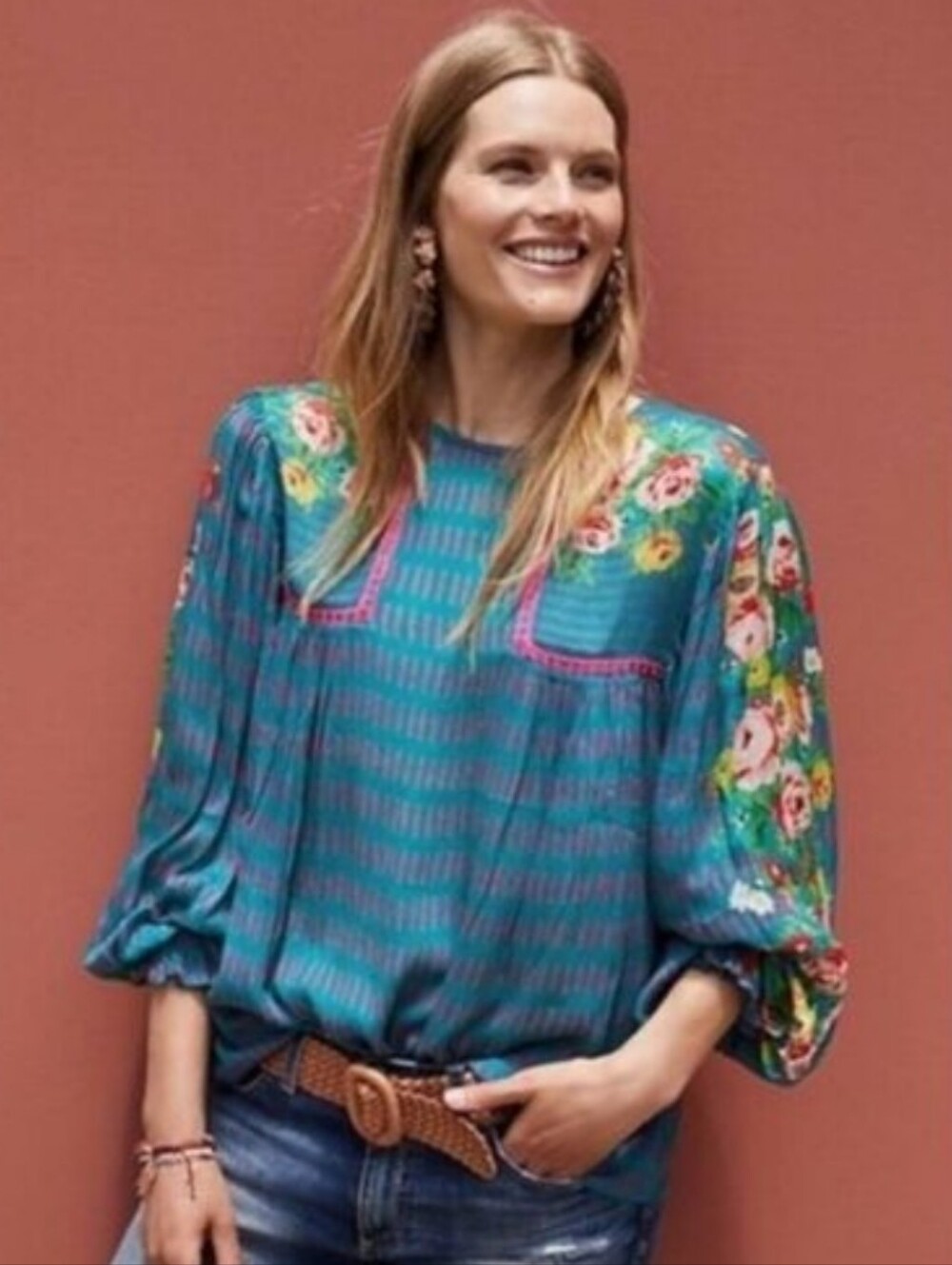 Anthropologie Bla^nk London Miranda Peasant Teal and Pink Velvet Detail Boho Top